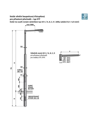 stožár bezpaticový STP 6 - B v žár.zinku, třístupňový 133/108/89mm, pro přisvícení přechodů